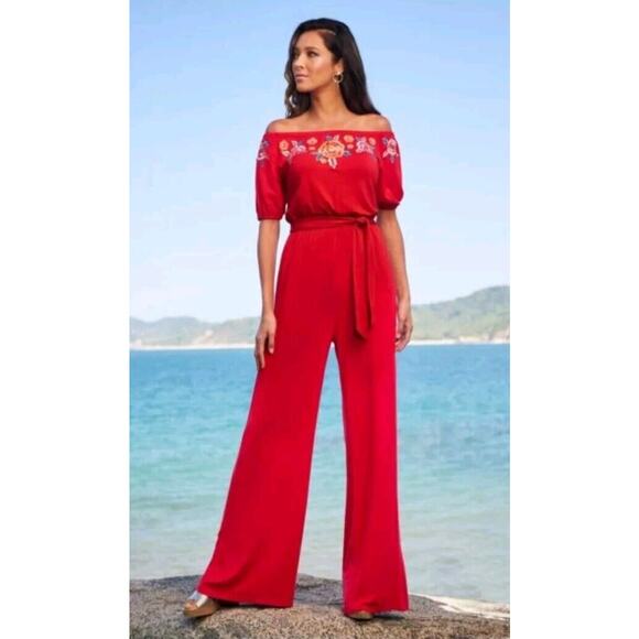 NEW Boston Proper Red Embroidered Off Shoulder Wide Leg Jumpsuit size Small‎ - Picture 1 of 4